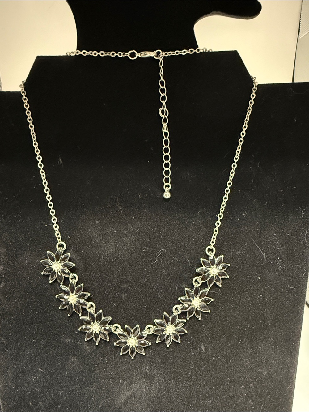 Silver Tone and Black Floral Statement Necklace - Silver Flower Chain
